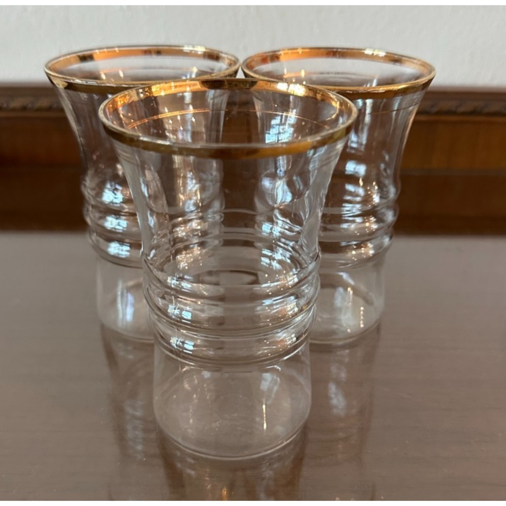 Vintage Anchor Hocking 1940s‎ Gold Rimmed Hourglass Shape Ribbed Glass
